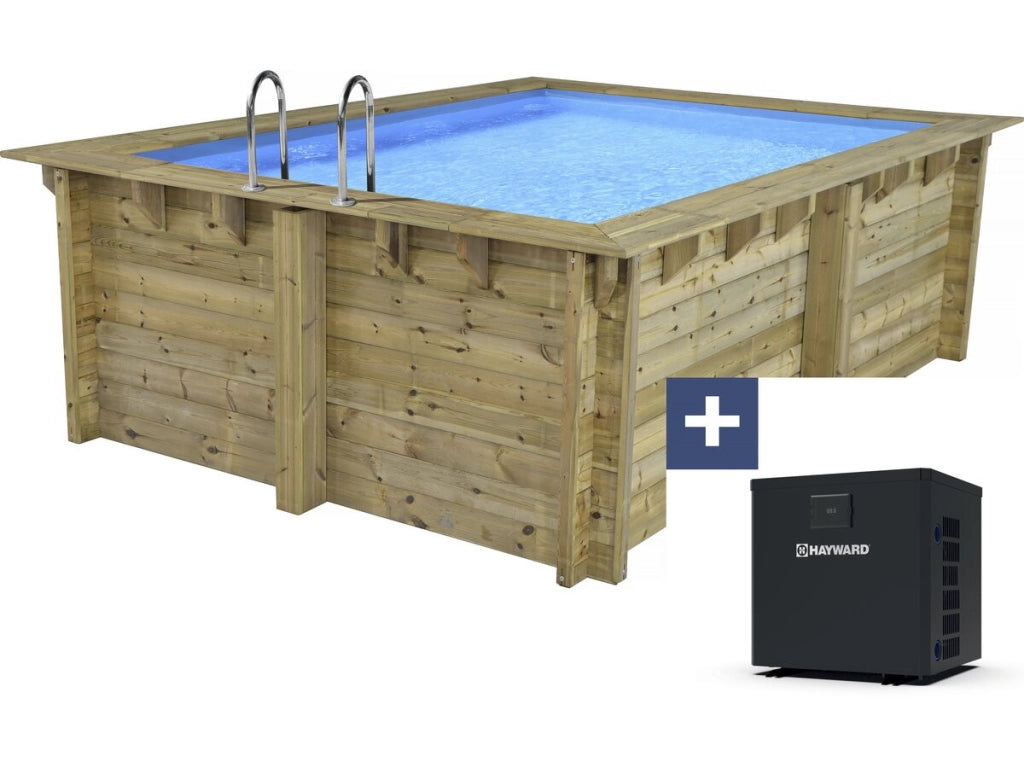 Piscina rettangolare in legno "Zanzibar" - 3,50 x 2,30 x 1,24 m + mini pompa di calore da 3,5 kW