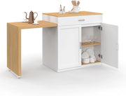 Isola centrale VITO 94-155 cm in legno bianco con tavolo da pranzo integrato allungabile in finitura faggio