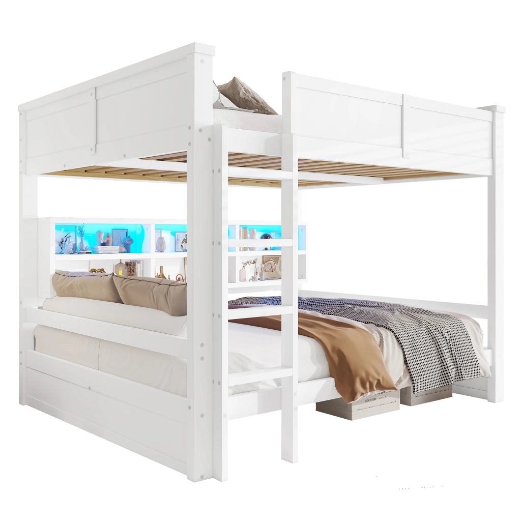 LETTO A CASTELLO 160x200 cm Bianco con 6 vani contenitori e luci LED