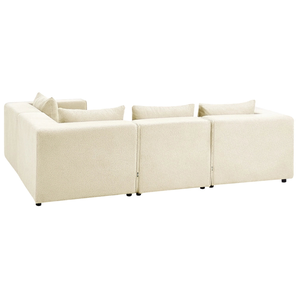 Divano a 4 posti in tessuto bouclè modulare bianco sporco lato sinistro stile minimale moderno