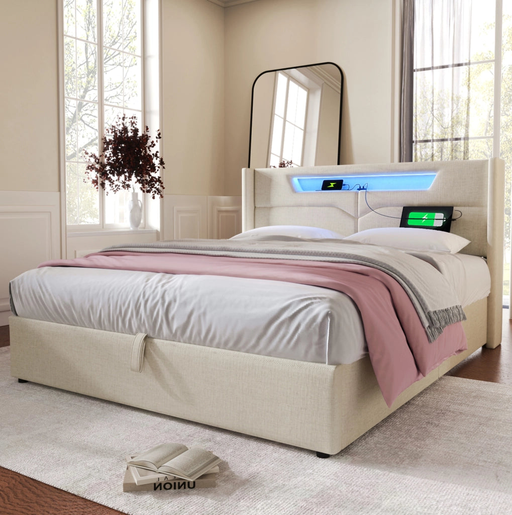 Letto imbottito 140x200 cm con contenitore; LED e USB Type-C in lino beige