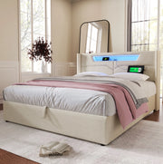 Letto imbottito 140x200 cm con contenitore; LED e USB Type-C in lino beige