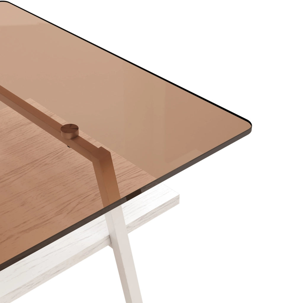 Tavolino da caffè con piano in vetro temperato e base in MDF; bianco e marrone
