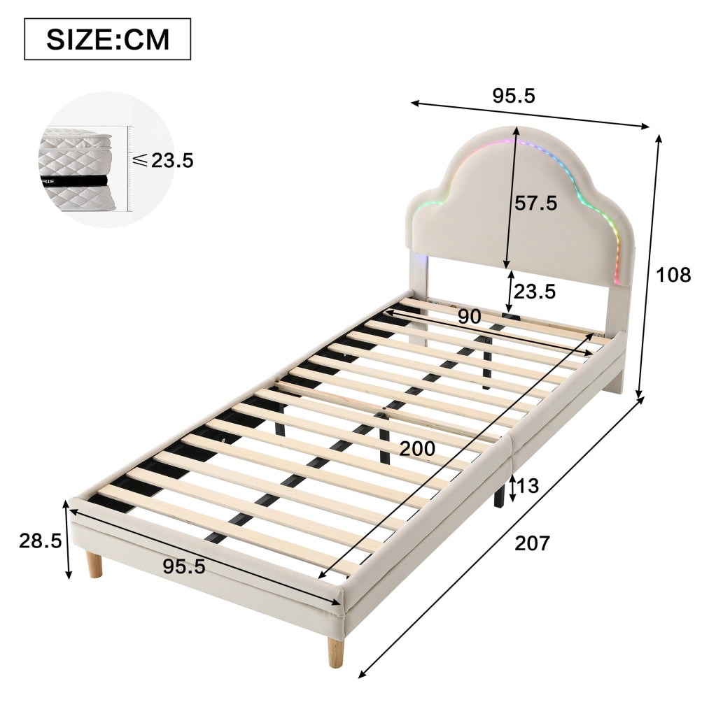 Letto imbottito con testiera a forma di nuvola e luci LED multicolore