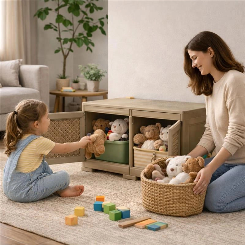 ARMADIO BASSO 79X43X46 CM CON ANTA TRAFORATA, MOBILE TV E CONTENITORE IN PLASTICA PER INTERNO ED ESTERNO COPERTO