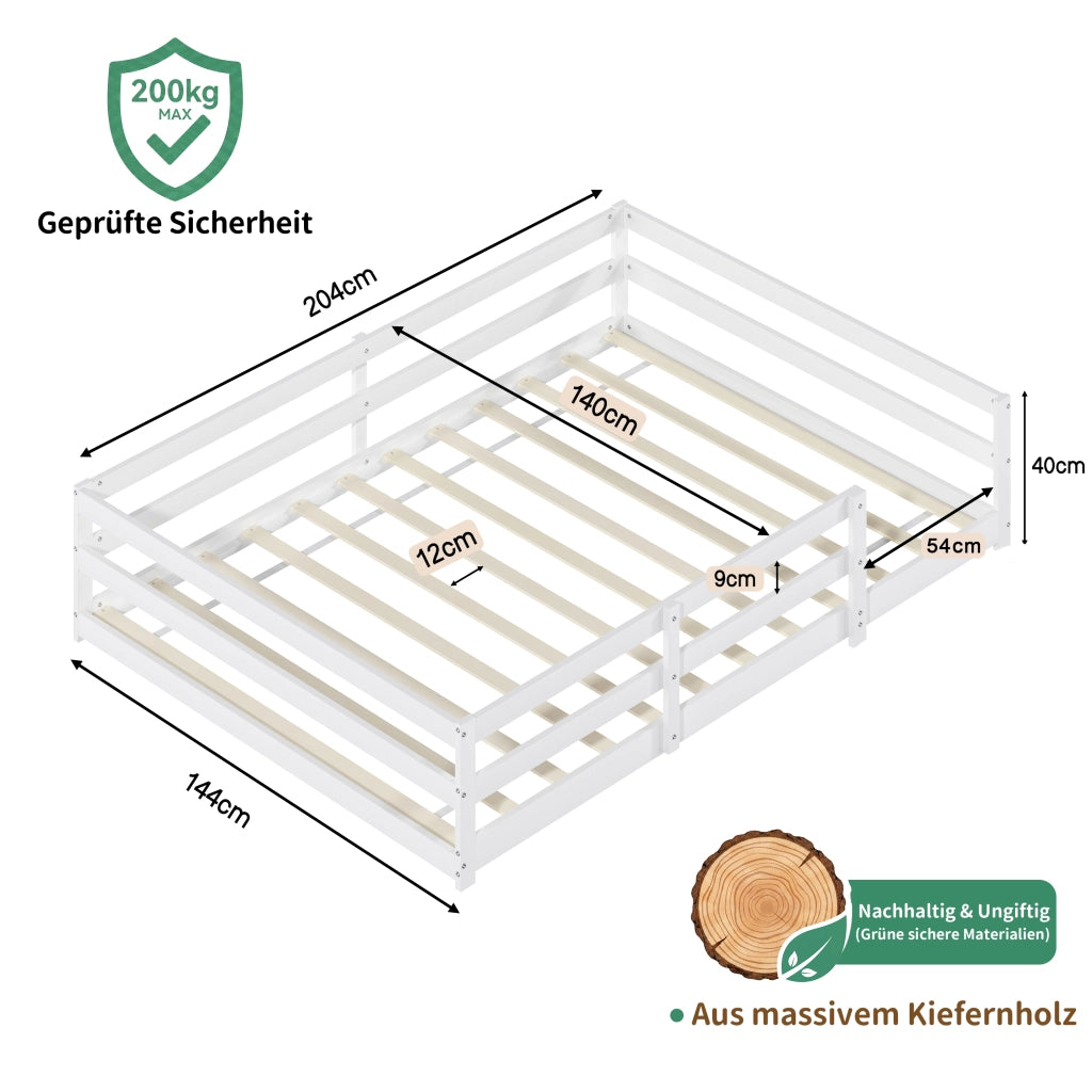 Letto per bambini 140 × 200 cm con barriera a 4 lati, senza materasso, in legno di pino, bianco
