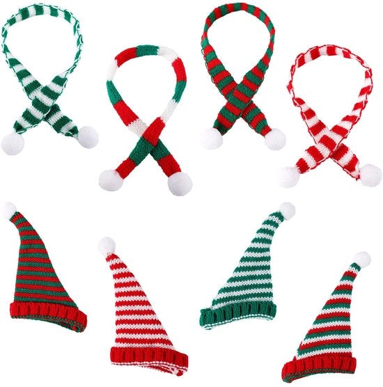 Set di mini cappelli di Natale 8 pezzi - Mini cappelli e sciarpe di Natale - Decorazione per albero di Natale - Artigianato DIY - Lana - Rosso/Verde/Bianco - Decorazione di Natale