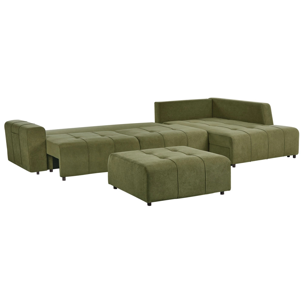 Divano letto a 4 posti ad angolo con rivestimento in tessuto verde a sinistra con contenitore e ottomano spesso imbottito