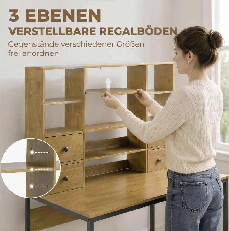 Scrivania con contenimento 105 cm in legno naturale， 4 cassetti e ripiani per studio