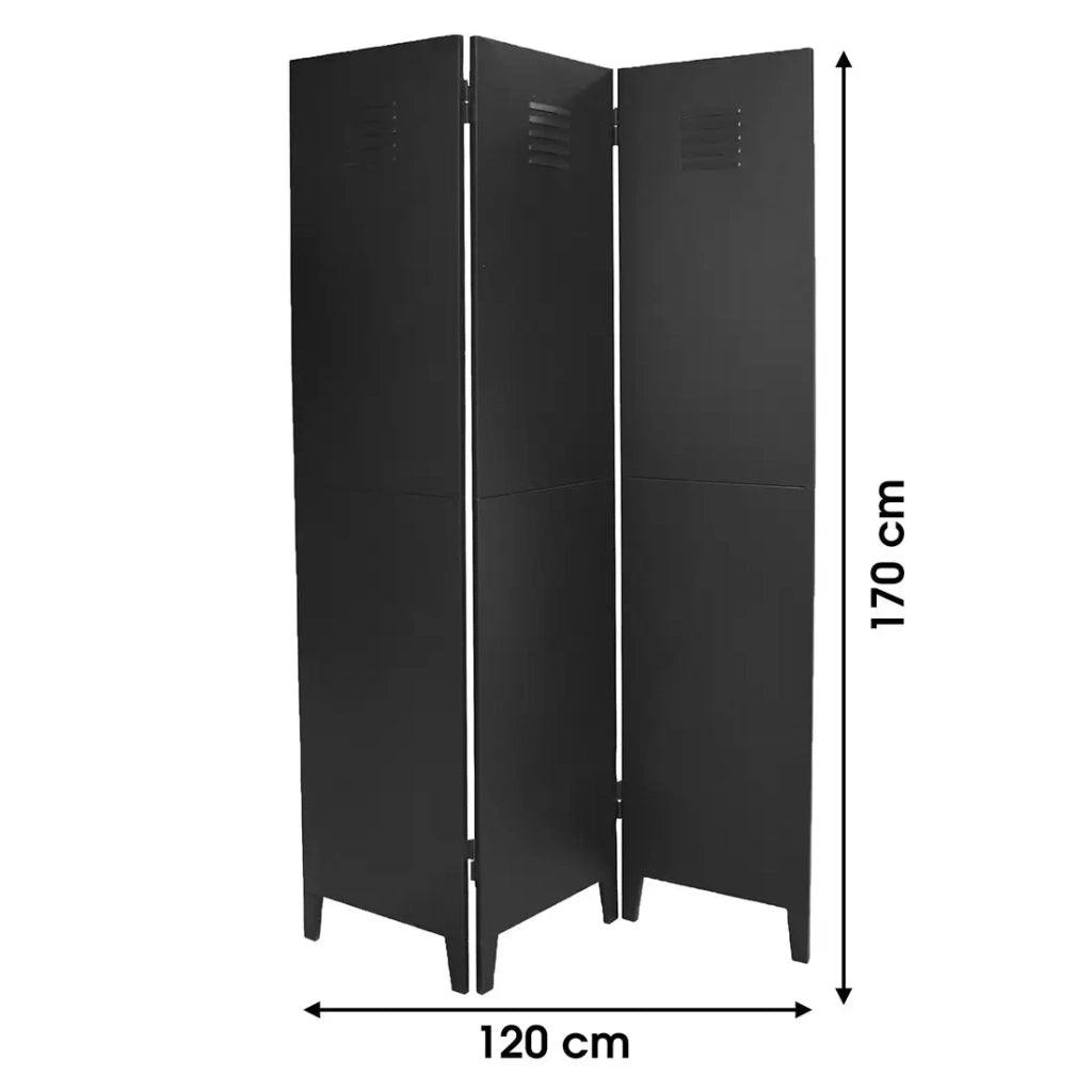 Paravento in metallo a 3 pannelli stile industriale, colore nero. Collezione LOFT