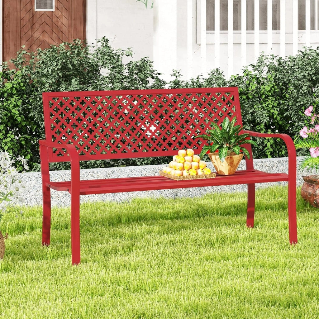 Panchina da Esterno, Panca da Giardin in Metallo con Schienale Traforato, Sedile a Doghe e Braccioli, Panchina Moderna per Cortile, Terrazzo e Giardino, Portata 300 kg (Rosso)