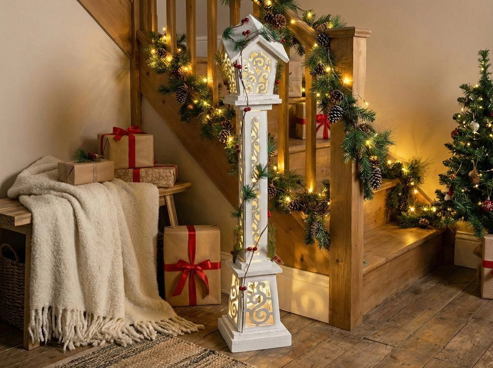 Decorazione natalizia Abete bianco Legno Lanterna luminosa LED Statuetta Artigianale Tradizionale