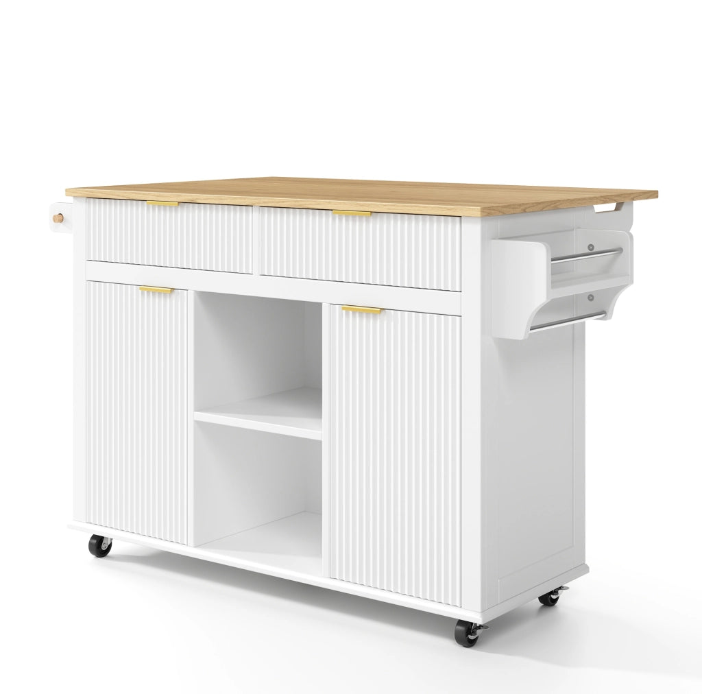 Isola cucina 143x45 cm bianca in MDF, piano pieghevole e 5 ruote