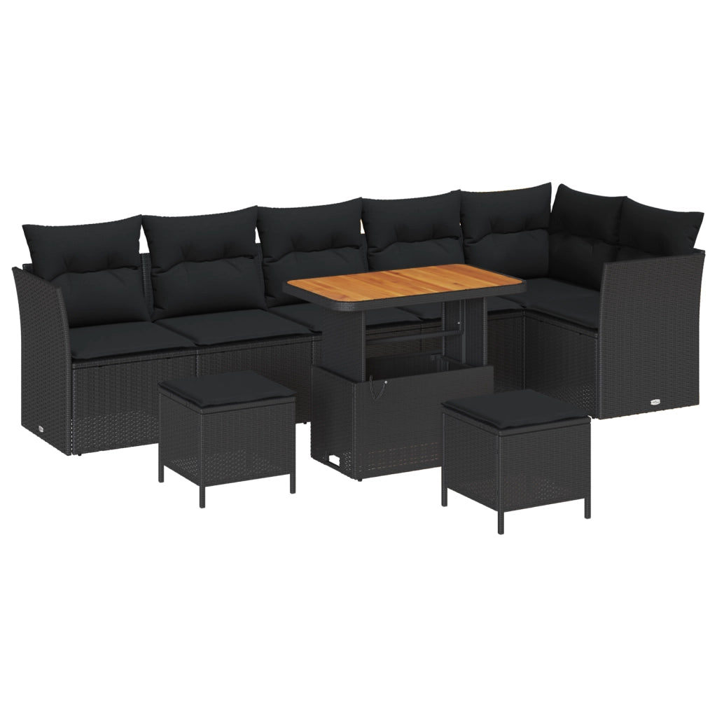 Set di Divani da Giardino  9 Pezzi con Cuscini Nero Polyrattan Acacia