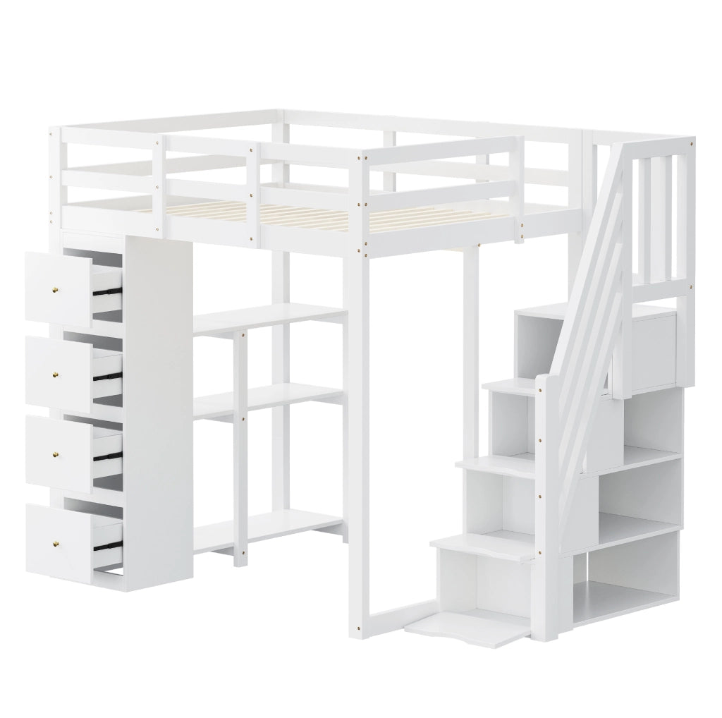 Letto a soppalco ULEVR 140x200 cm bianco con 4 cassetti, scala con cassetti e scaffale