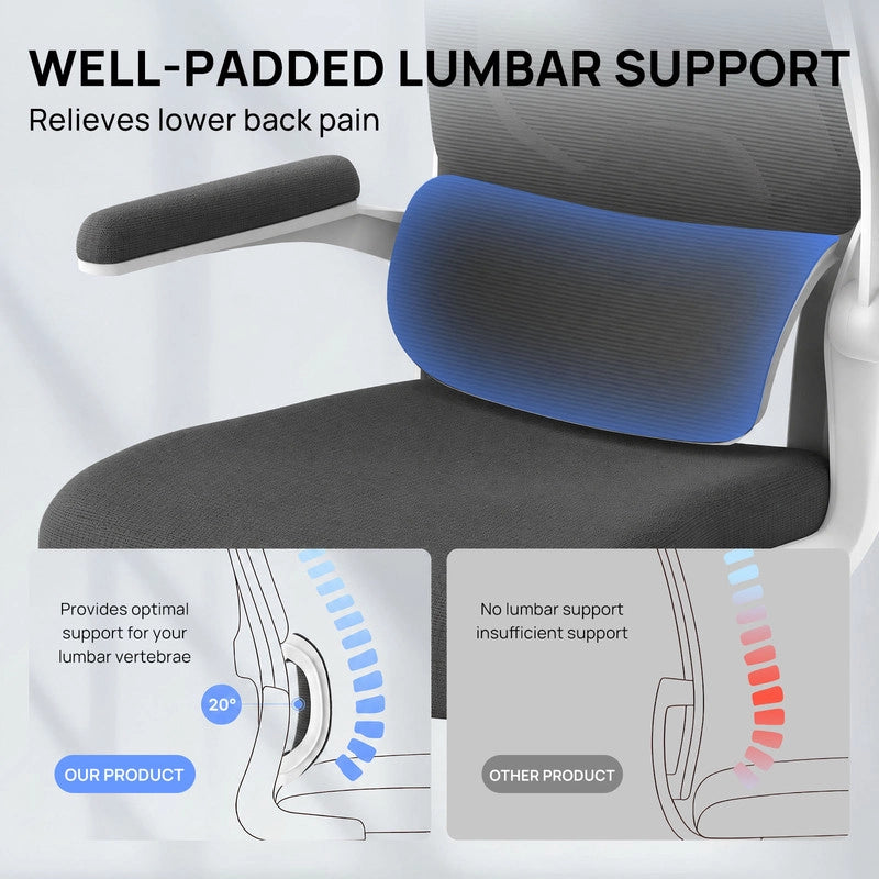 Sedia da ufficio ergonomica - Poltroncina HAMLODY - con braccioli pieghevoli a 90° - Supporto lombare - Regolabile in altezza Bianco