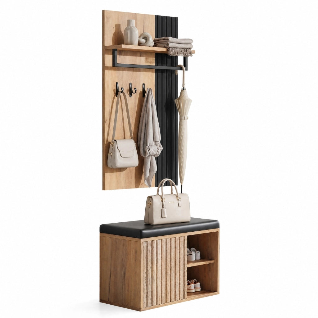 Mobile ingresso con scarpiera a 2 ante, 3 ganci e panca imbottita, 70 x 36 x 146 cm, nero e naturale