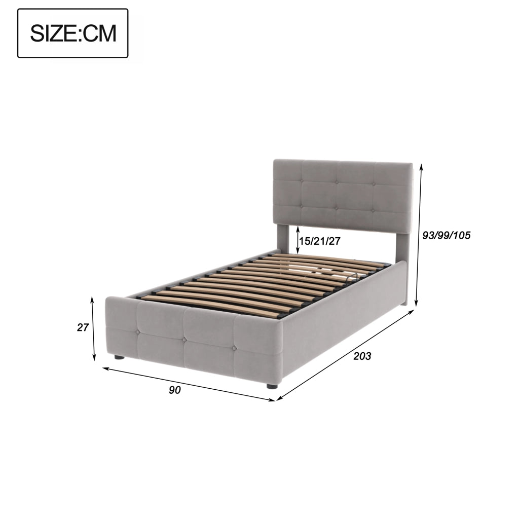 Letto per bambini imbottito con contenitore idraulico e testiera regolabile; velluto grigio; 90x200 cm; senza materasso