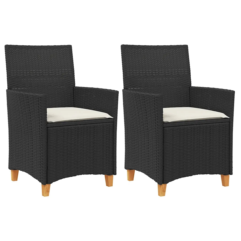 Sedie Giardino con Cuscini 2 pz | Sedie da Esterno Nere Polyrattan e Legno Massello