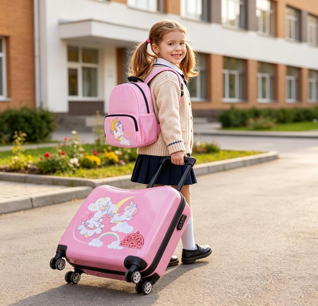 Set di Valigia Cavalcabile 18’’ + Zaino 12’’ per Bambini 2 Pezzi, Bagagli 2-in-1 di con Maniglia Telescopica e 4 Ruote, Trolley Bagaglio a Mano e Zaino per Bambini (Rosa Unicorno)