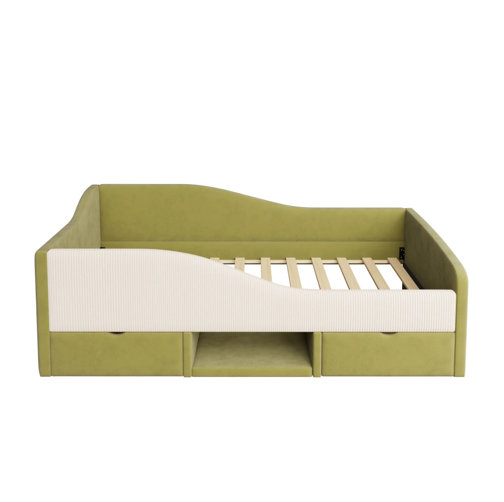 Letto imbottito per bambini 90 x 190 cm in velluto verde e avorio con 2 cassetti
