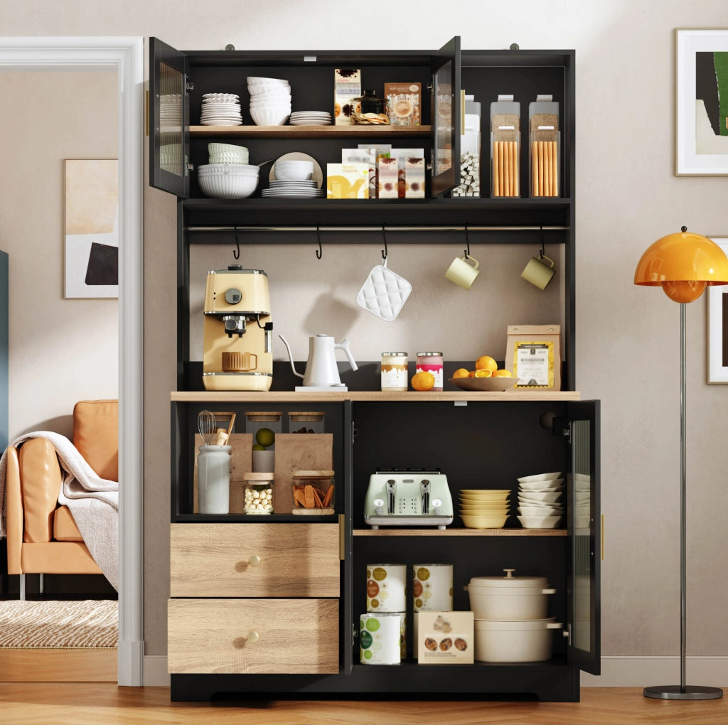 Credenza alta 110x40x178 cm con LED; prese USB e vetrina in MDF nero