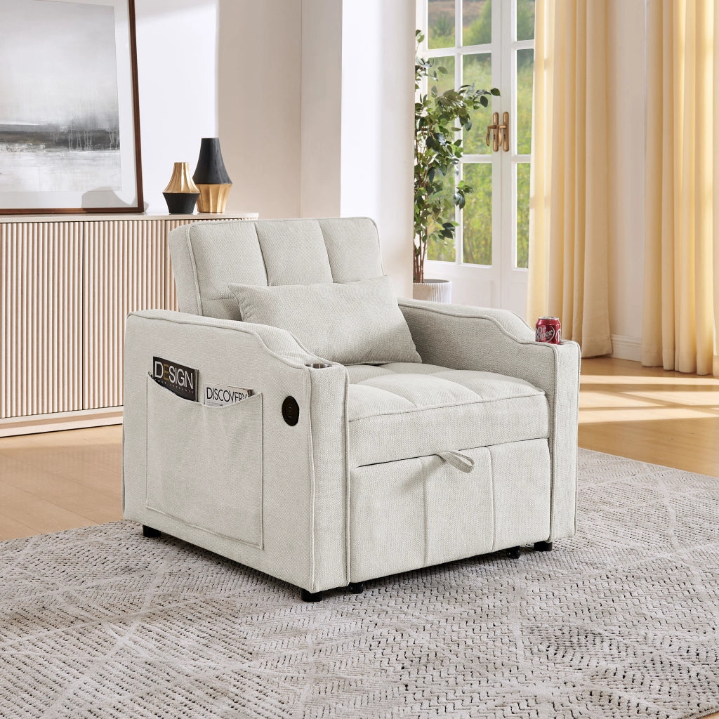 Poltrona letto convertibile con schienale regolabile a 3 posizioni e porte USB e USB-C in tessuto beige 190 × 85 × 86 cm