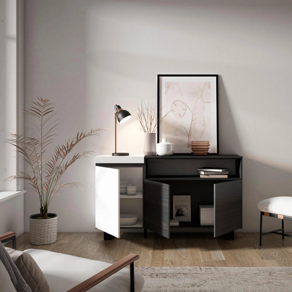 Credenza, Mobile, 150x35x87cm, 3 Porte, Design industriale, Bianco e nero RF2505