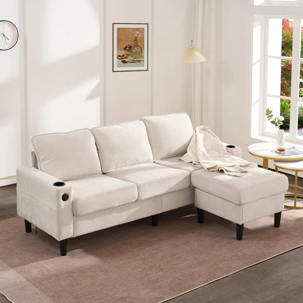 Divano 3 Posti Beige a Forma di L in Lino con Pouf e Porte USB