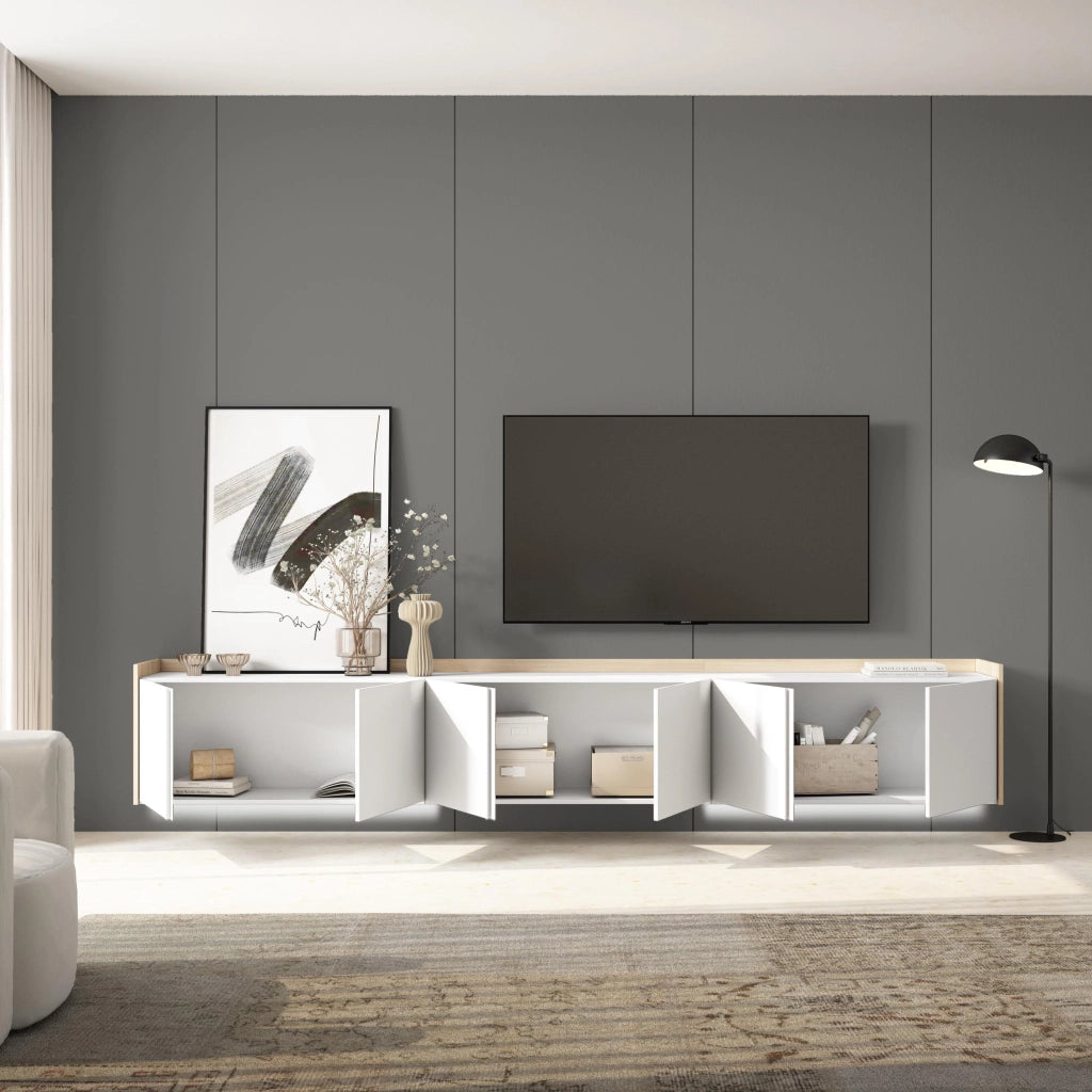 Mobile TV Soggiorno, 309x50x35 cm, Per TV fino a 80", Sospeso, da appendere, LED, Bianco e Rovere soft