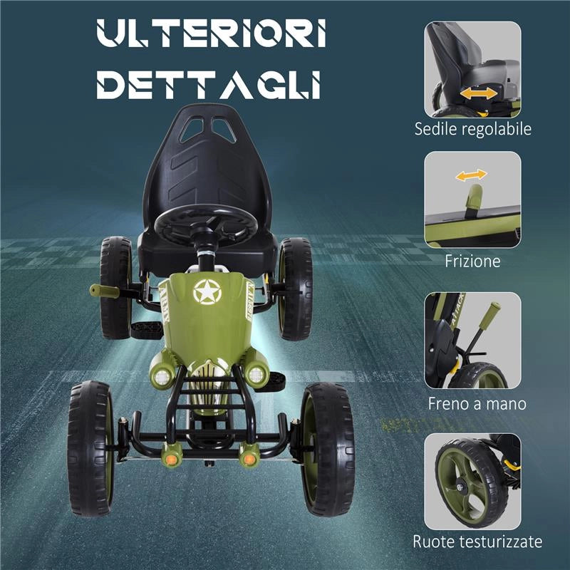 GO KART A PEDALI PER BAMBINI DA 3-6 ANNI CON SEDILE REGOLABILE E FRENO A MANO, VERDE