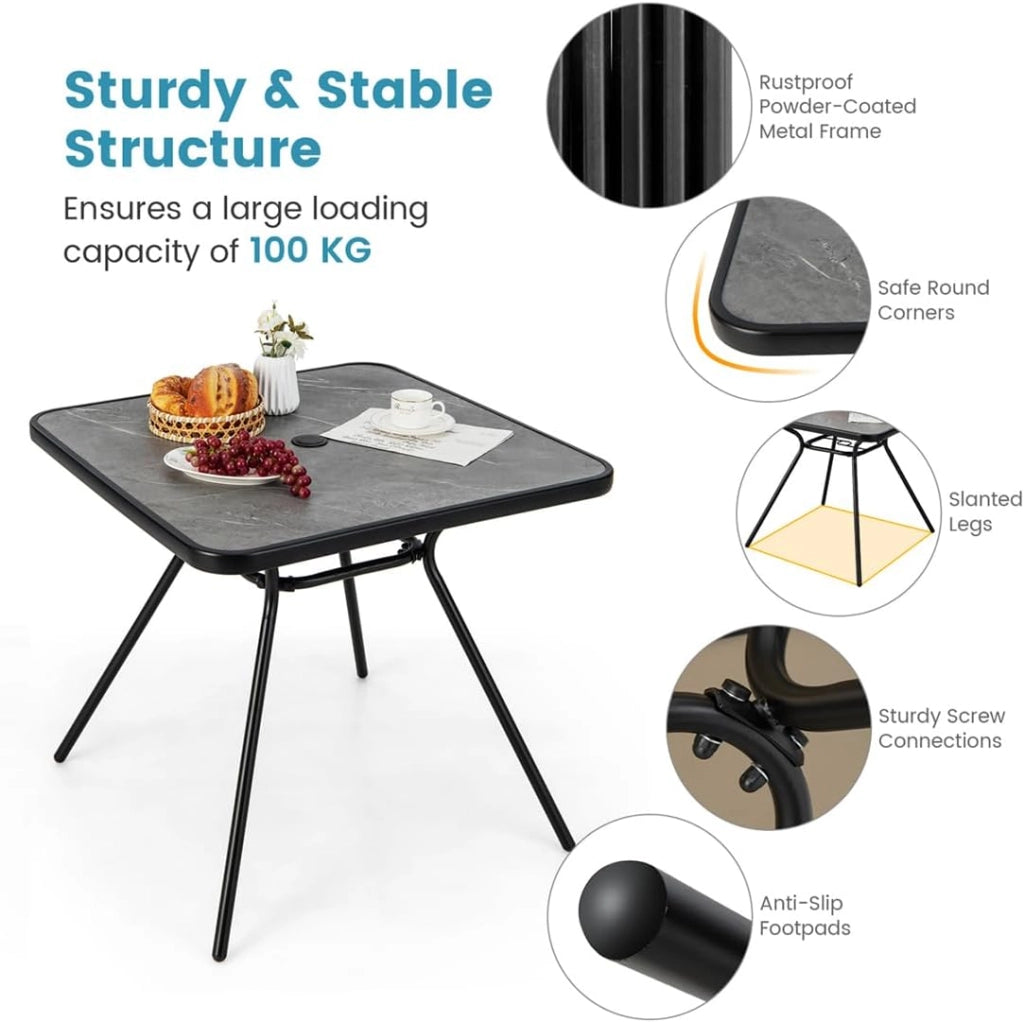Tavolino con foro per ombrellone, tavolo da giardino 80 x 80 cm, per 4 persone, tavolo da balcone con piano in marmo artificiale, tavolo da bistrot fino a 100 kg, tavolo da pranzo per