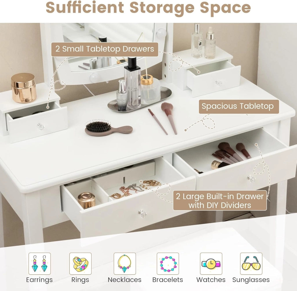 GIANTEX Set Toeletta Trucco con Specchio Illuminato, Tavolo da Trucco 2-in-1 con Luci LED a 3 Colori, 4 Cassetti, Specchio Rotante, Tavolo da Trucco con Sgabello Imbottito, Bianco