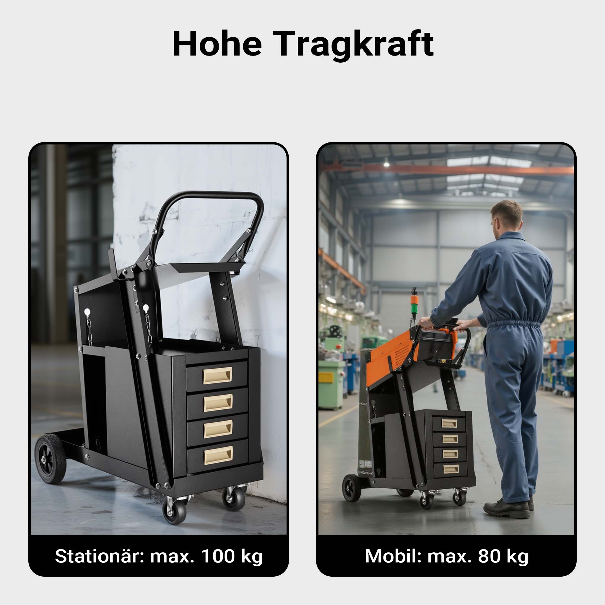 Carrello saldatrice con 4 cassetti, porta attrezzi per saldatura, in acciaio con 4 ruote, portata fino a 100 kg, con spazio per bombola di gas, per officina