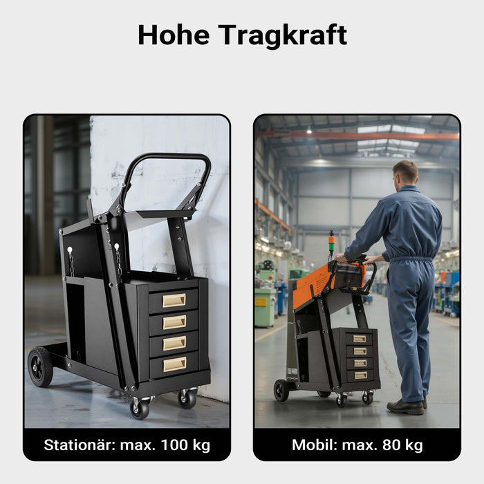 Carrello saldatrice con 4 cassetti, porta attrezzi per saldatura, in acciaio con 4 ruote, portata fino a 100 kg, con spazio per bombola di gas, per officina