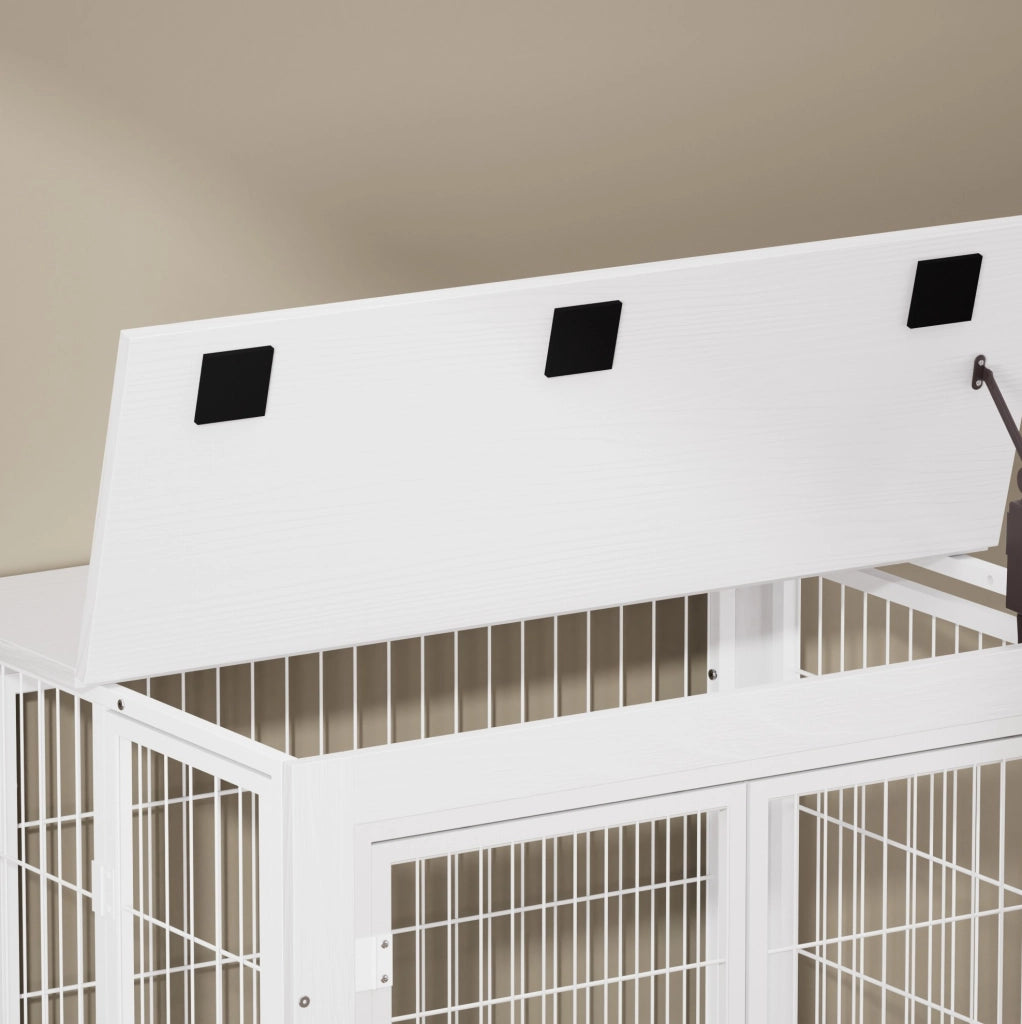 Cuccia per animali con ruote e doppia porta in truciolare e acciaio bianco