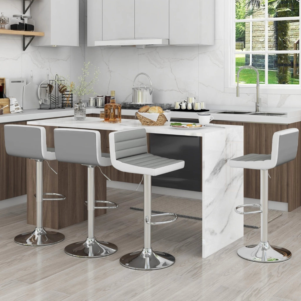 Set di 2 sgabelli da bar con base in metallo antiscivolo e poggiapiedi, Sedie girevoli regolabili in pelle PU Grigio e bianco-Sgabelli da bar