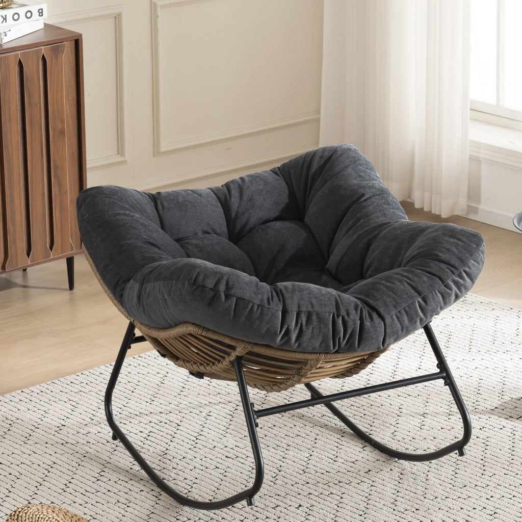 Poltrona a dondolo papasan in ciniglia con struttura ergonomica e funzione relax per soggiorno, camera da letto e terrazzo, nero