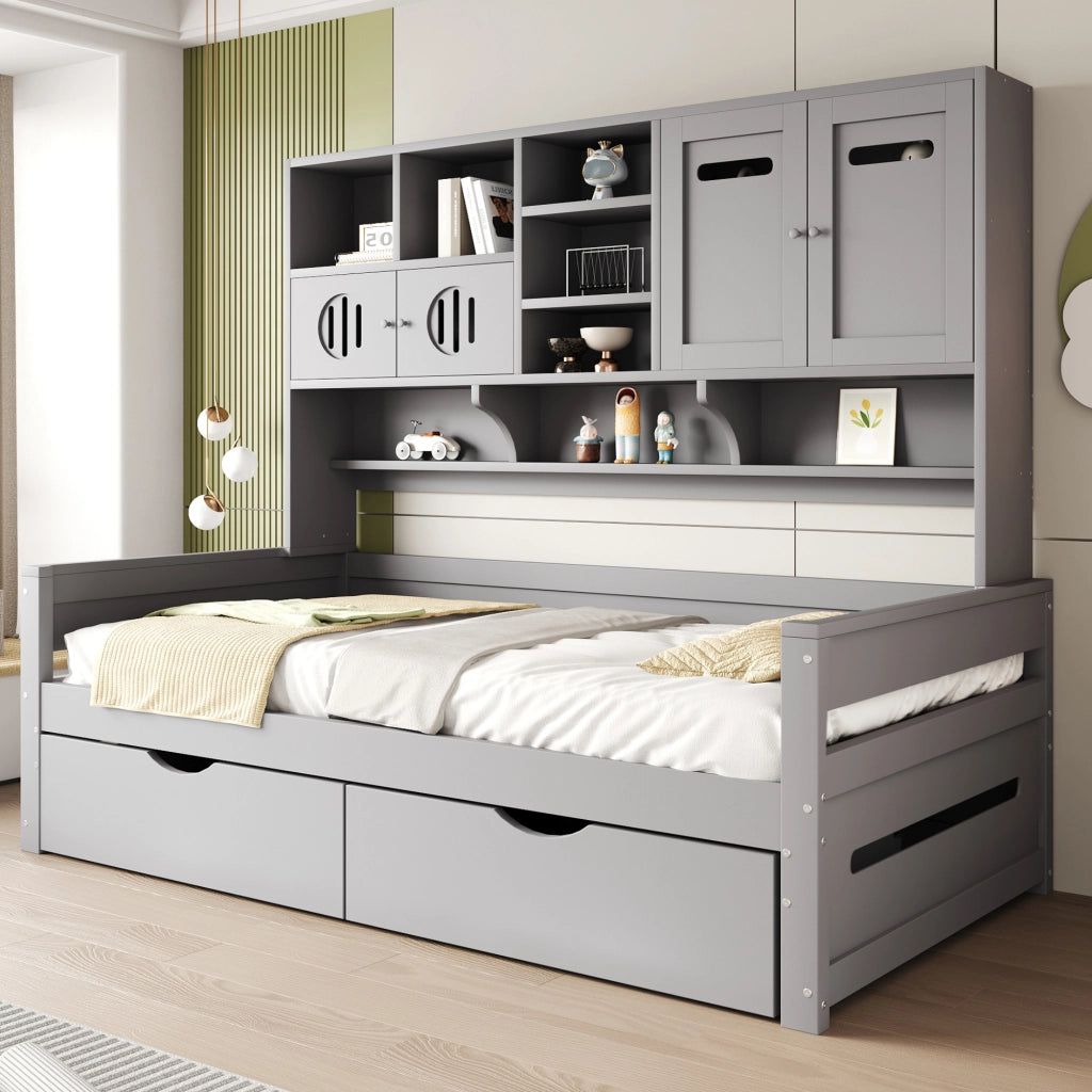 OKWISH Letto Divano 90×200 cm, Letto Singolo con 2 Cassetti, Vani Contenitore e Armadietti, senza Materasso, Legno, Grigio