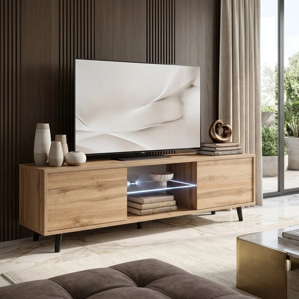 Mobile TV Con 2 Ante Battenti Vano Centrale Con Ripiano In Vetro E LED Porta Televisore In Melaminico Piedini In Metallo Per Soggiorno Salotto Zona Living 140 X 31.5 X 40 Cm Rovere