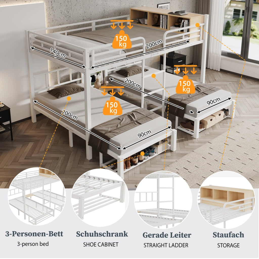 Letto a castello 3 posti 140 × 200 cm e 90 × 200 cm con ripiano aperto e porta scarpe, senza materasso, bianco