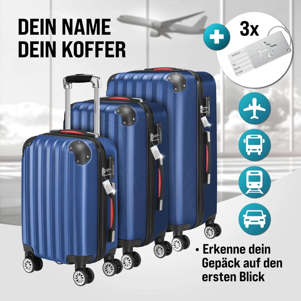 ® Set di Valigie 3 Pezzi con Lucchetto Organizer Cinghia Maniglie Ruote Doppie Piedi Trolley Rigido M-L-XL