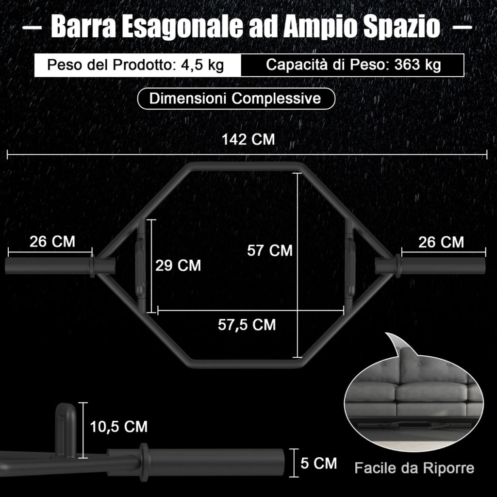 Barra esagonale pieghevole con manici zigrinati di sicurezza, Barra esagonale pieghevole per sollevamento pesi Nero