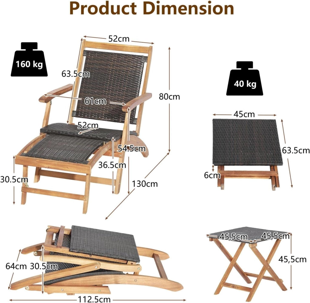 Set di 2 Mobili da Giardino Pieghevoli, Mobili da Giardino in Rattan, Sedia a Sdraio Retrattile con Tavolino Prendisole, Mobili Lounge per Giardino, Terrazza e Balcone