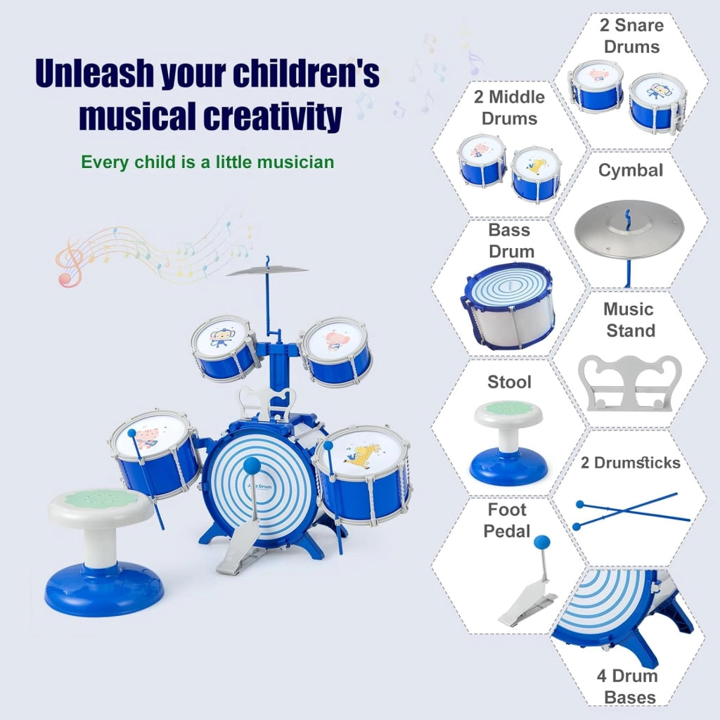 Batteria per Bambini da 3+ Anni, Set di Tamburi con Sgabello, 5 Tamburi, 2 Bacchette, Leggio e Pedaliera, Strumento Musicale per Bambini, Jazz Rock Drum Regalo per Bambini, Blu