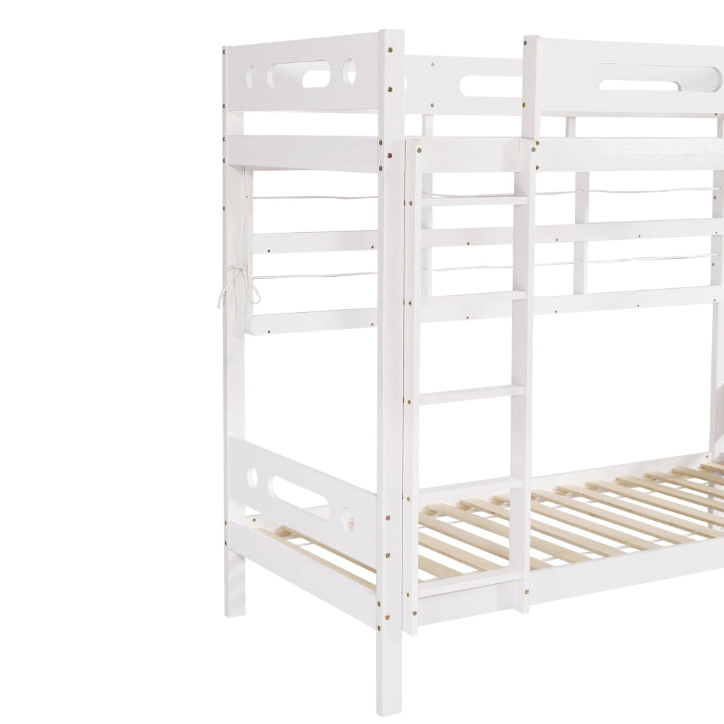 Letto a castello 90x200 cm con libreria aperta e scala a 5 gradini in legno e MDF bianco e naturale