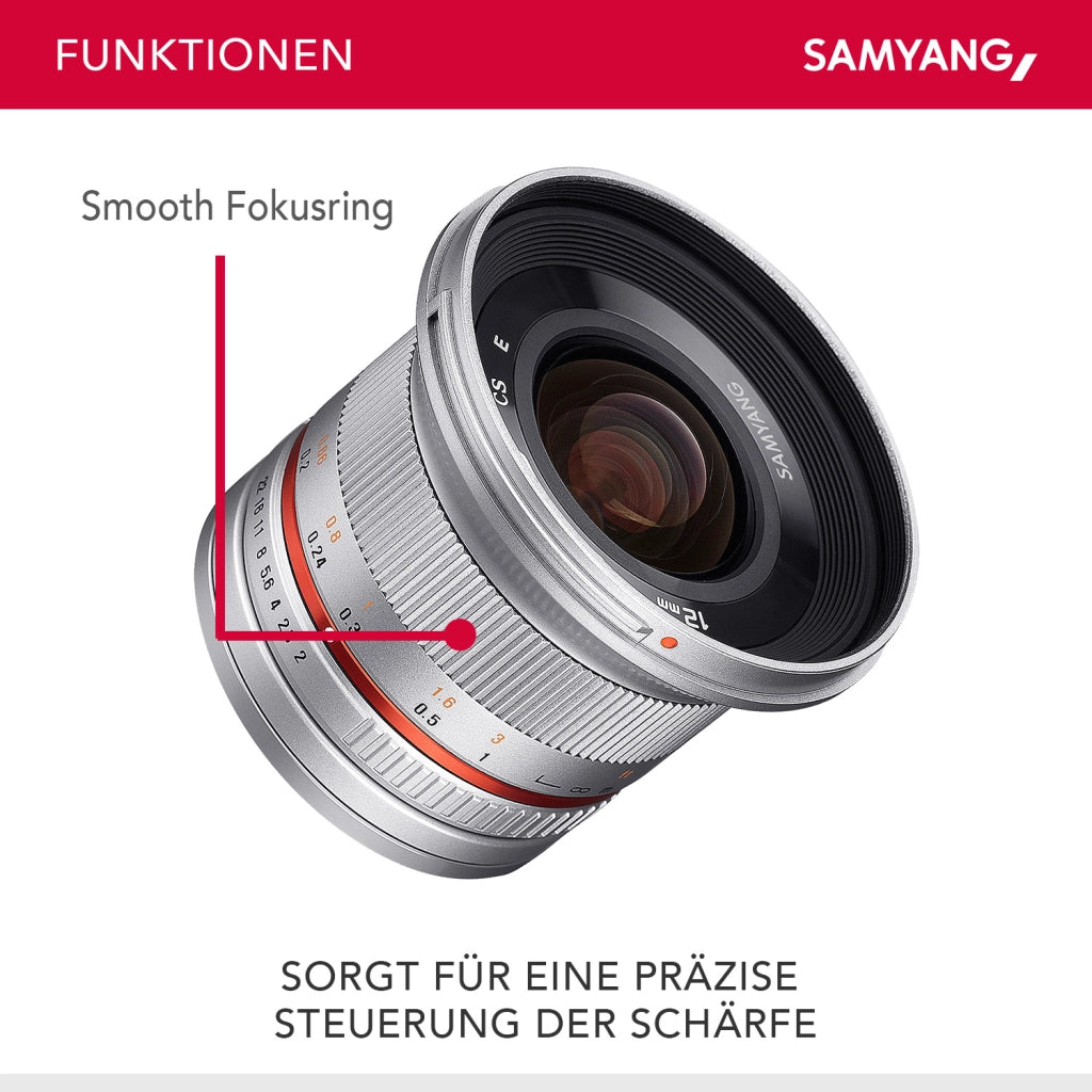 Obiettivo grandangolare a focale fissa 12mm F2.0 APS-C compatibile con Fuji X - APS-C, MF - per fotocamera X-T5, X-H2, X-H2s, X-T4, X-T30, X-T30 II, X-T200, X-Pro3, X-A7, X-T100, X-T3 Argento