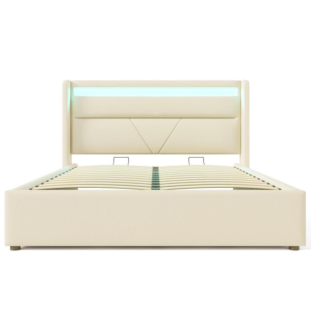 OKWISH Letto Contenitore 160×200 cm, Letto Matrimoniale con LED Regolabile, Contenitore e Telecomando, senza Materasso, PU, Bianco