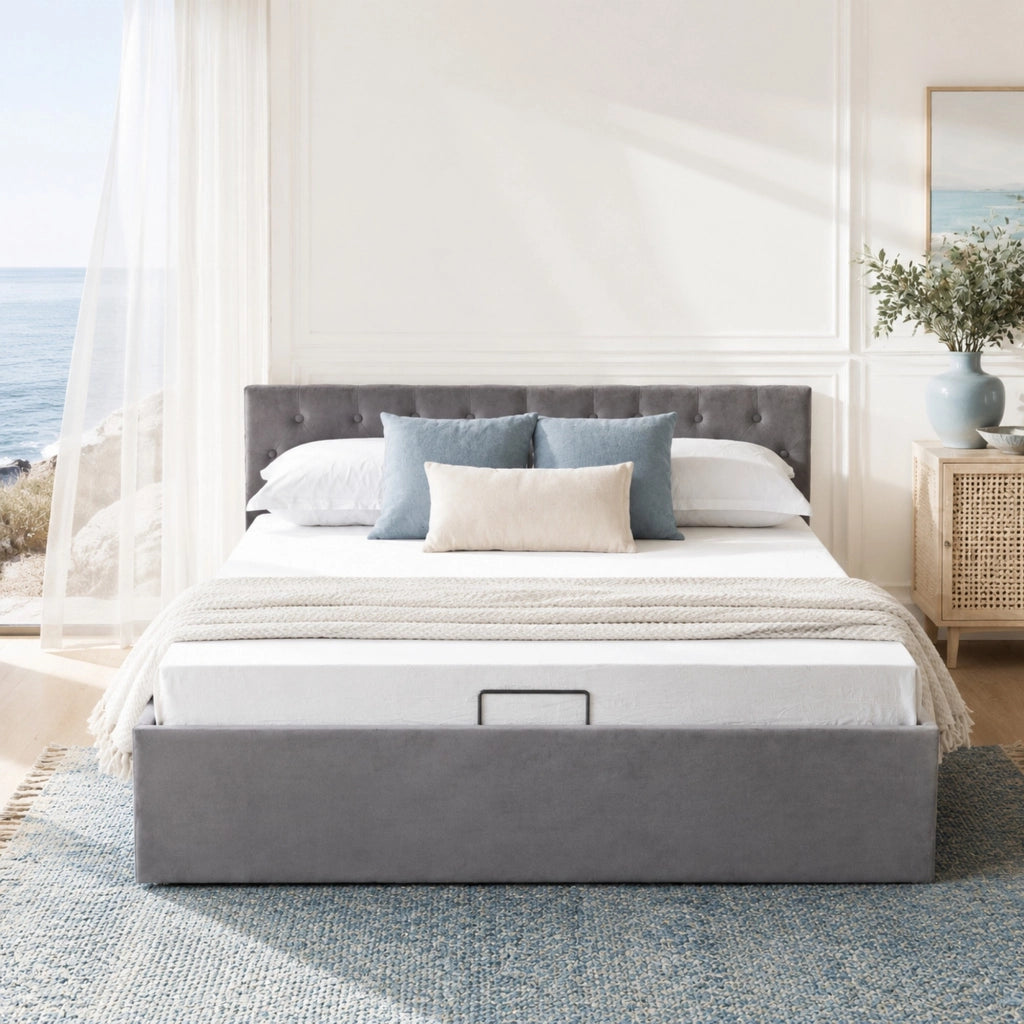 LETTO contenitore 140x200 cm in velluto grigio con testiera capitonné e rete a doghe