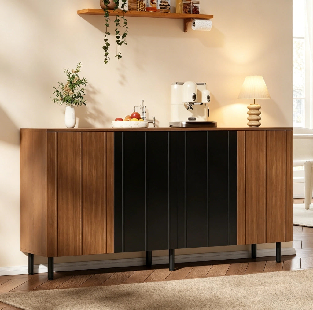 Credenza da cucina 160x35x80 cm noce e nero con 4 ante